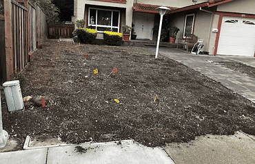Empty front yard with marked flags, ready for landscaping and garden improvement.
